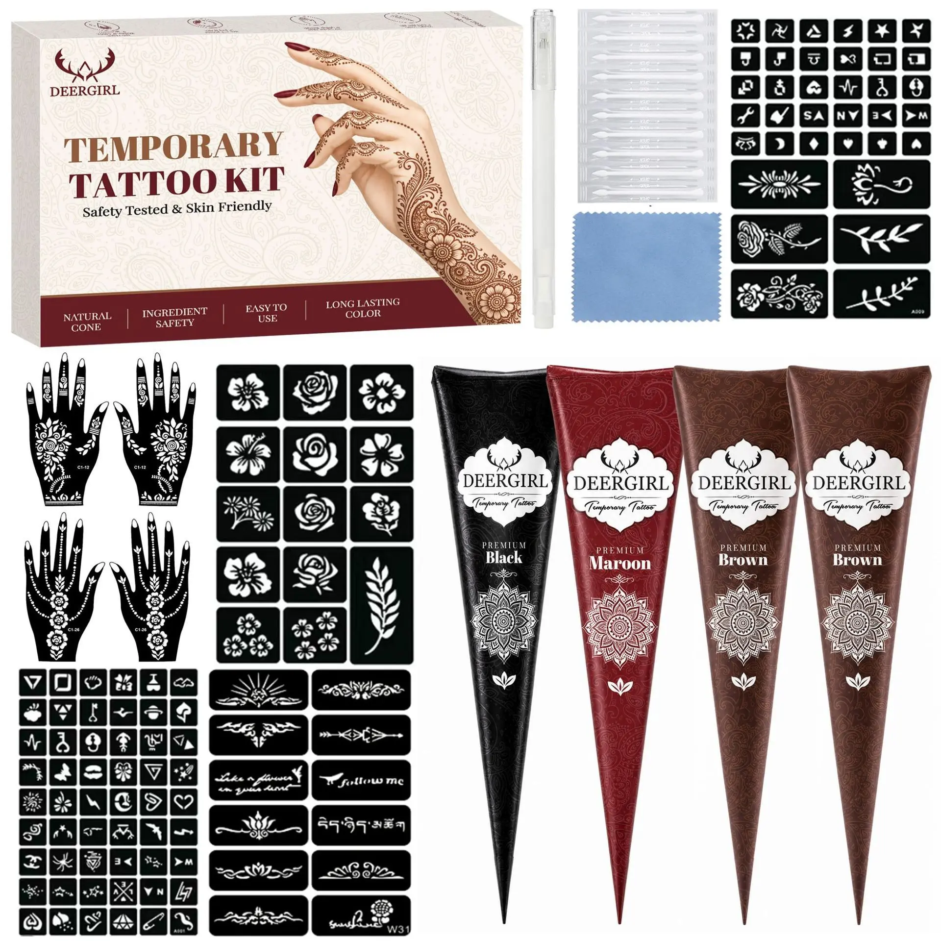 Natural Henna Designs Temporary Tattoo Set, Maroon Black Brown Pink Cherry Henna Paste Cones with Multiple Hand Body Stencils, Safe Skin Friendly DIY Temporary Tattoo Kit for Festival Bridal Decor