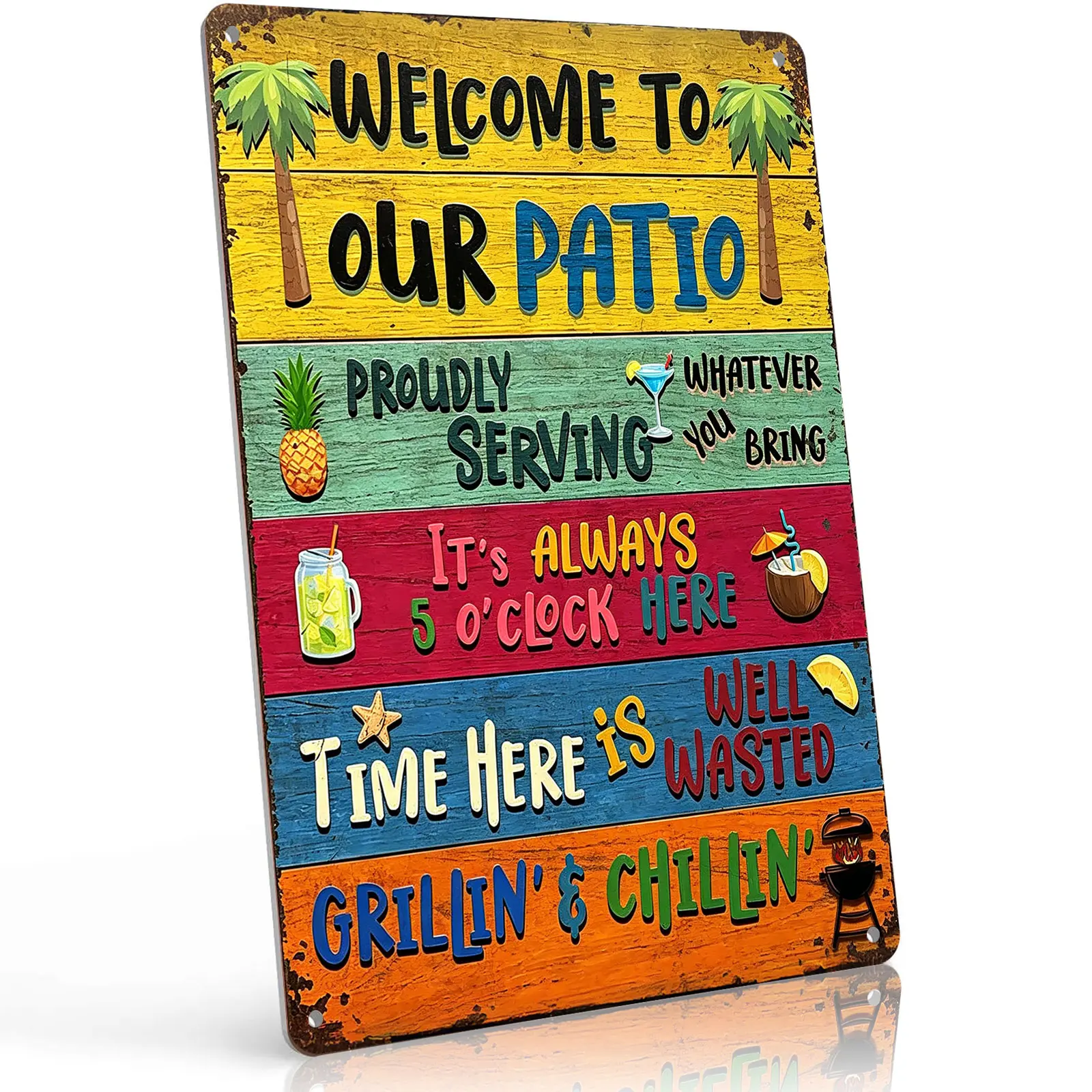 Welcome To Our Patio Colorful Tropical 8x12 Vintage Aluminum Metal Sign, Outdoor Bar Grilling Retro Wall Plaque. Weatherproof decor for backyard patio, poolside & outdoor bar, vibrant summer party outdoor garden welcome wall decor gift.