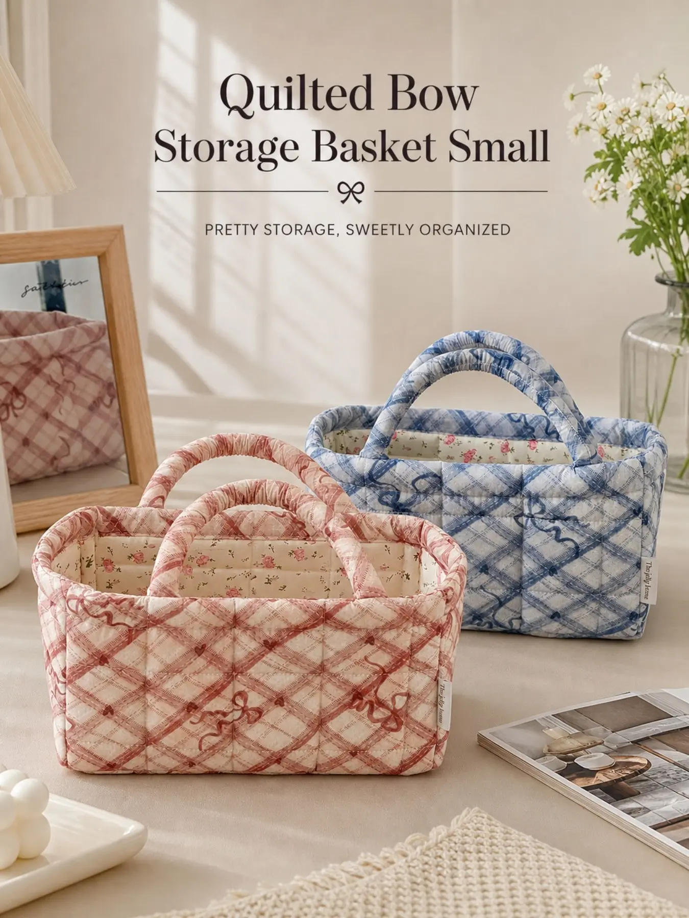 Small Rhombus Butterfly Print Quilted Decorative Storage Basket, Dual Handle Floral Lining Mini Fabric Organizer, Portable Washable Desktop Makeup Box