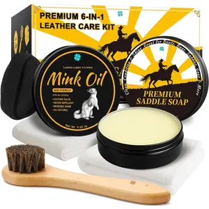 Leather Boot Care Kit -  Oil & Saddle Soap for Leather with Applicators & Cloths - 6- Leather Shoe Care Kit for Cowboy Boots, Work Boots, Shoes & Tack