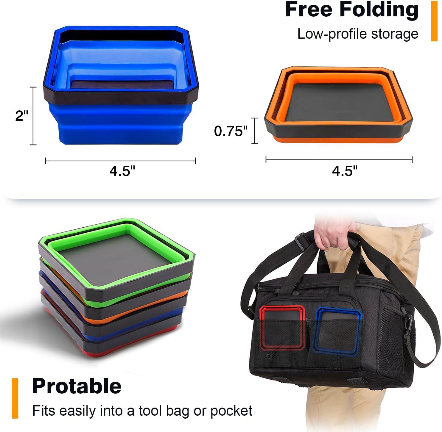 Upgrade Collapsible Magnetic Parts Tray Set, Foldable Magnetic Tool, 4.25 inch Square Silicone Bowls with Magnetic Base Stores and Organizes Small Parts and Tools