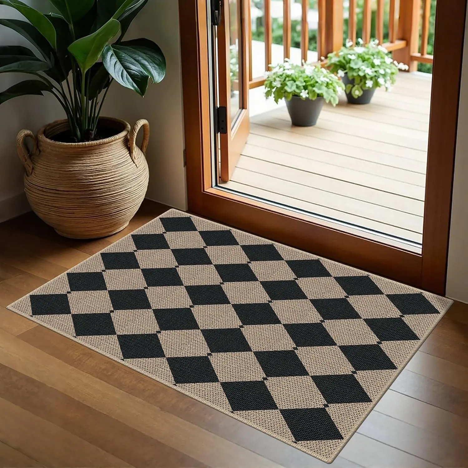 Easy Jute 2x3 Black Checkered Area Rug,Washable Entryway Rug,Small Modern  Door Carpet,Neutral Non-Slip Outdoor Indoor  Rug for Kitchen Patio Entry Porch