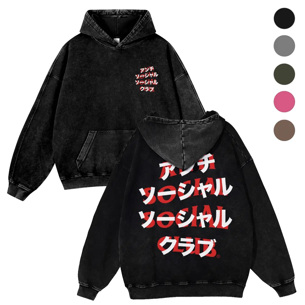 [ DTG Print ] "Anti Social Social Club"Japanese Katakana Overlay Layered Bold Text Front&Back Print 380g Autumn VIntage Washed Hoodie Graphic Sweatshirt