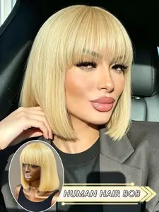 10 Inch Summer Human Hair Bob Wig with Bangs, Straight Glueless Short Wig, Full Machine Made Wig, Lightweight Daily Wear Style for Women