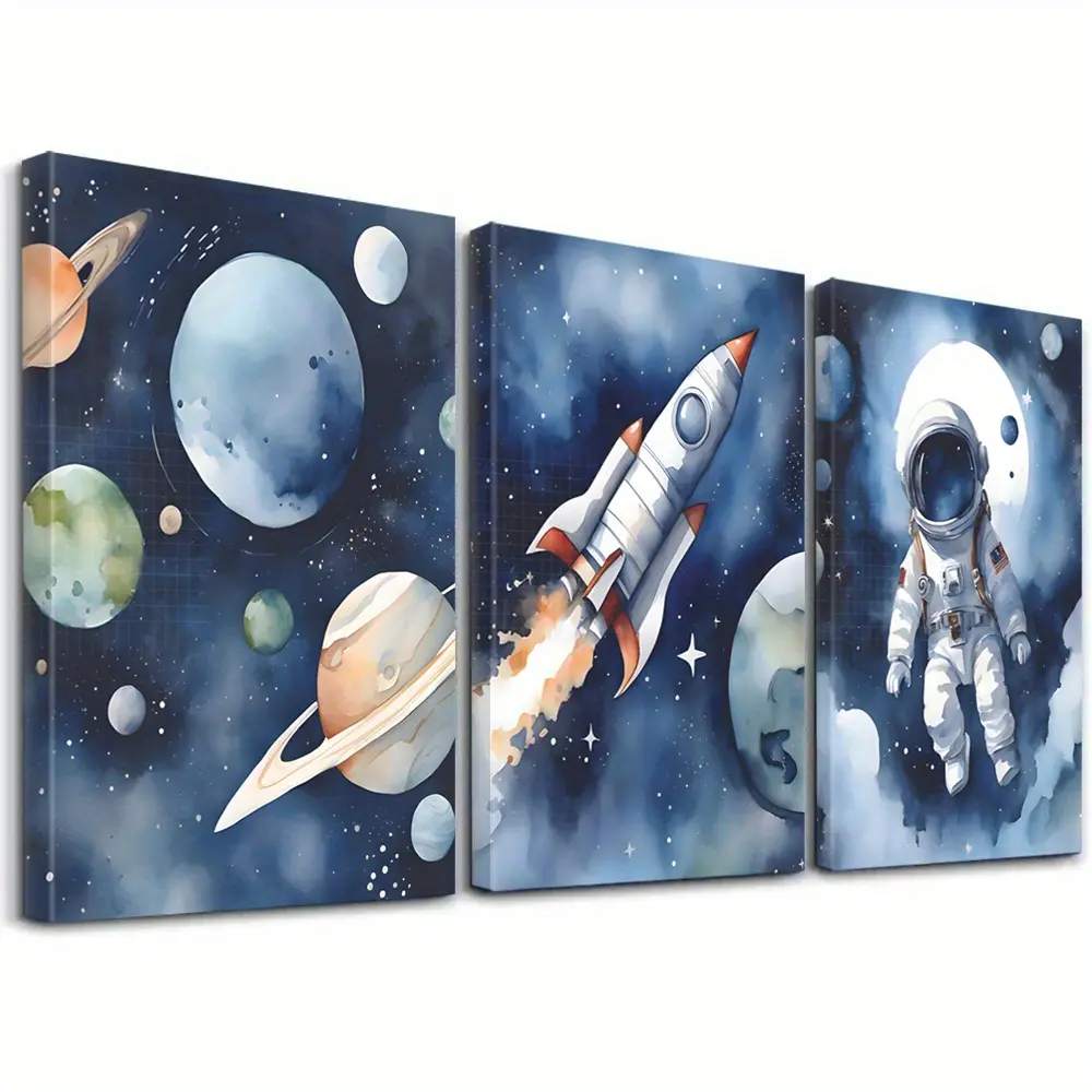 2D Printed Space Theme Canvas Wall Art - Artistic Universe Galaxy Print Triptych Artwork, Astronaut Rocket Planet Decor for Kids Bedroom Gaming Room Home Decor