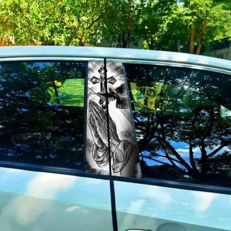 2Pcs Christian Cross Grim Reaper Cross Car B Pillar Stickers Left Right Gothic Skull Window Vinyl Decals For Sedan Truck SUV Side Window Pillar Custom Exterior Decor Pillar Decal Set Weatherproof Auto Vinyl Stickers For Vehicle Side Window Trim Truck Car