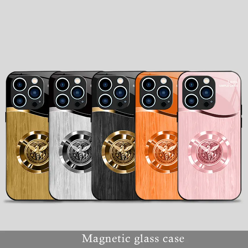 Shockproof Aesthetic Phone Cover for iPhone 13 Pro Vintage Luxury Gold Pegasus Metal Emblem Wood Grain Magnetic Magsafe Glass Case----9435