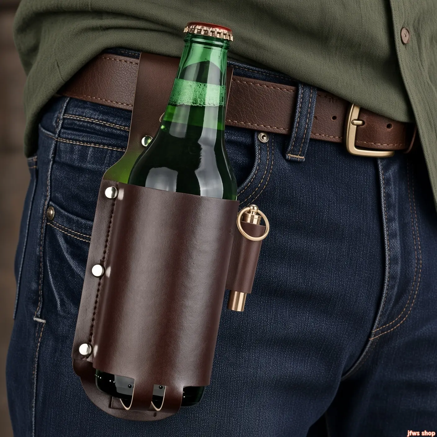 Western Style Leather Belt Bottle Holder, Hands-Free Drink Holster for Beer & Soda – Festival, Camping, BBQ & Outdoor Party Accessory (Bottle Not Included)
