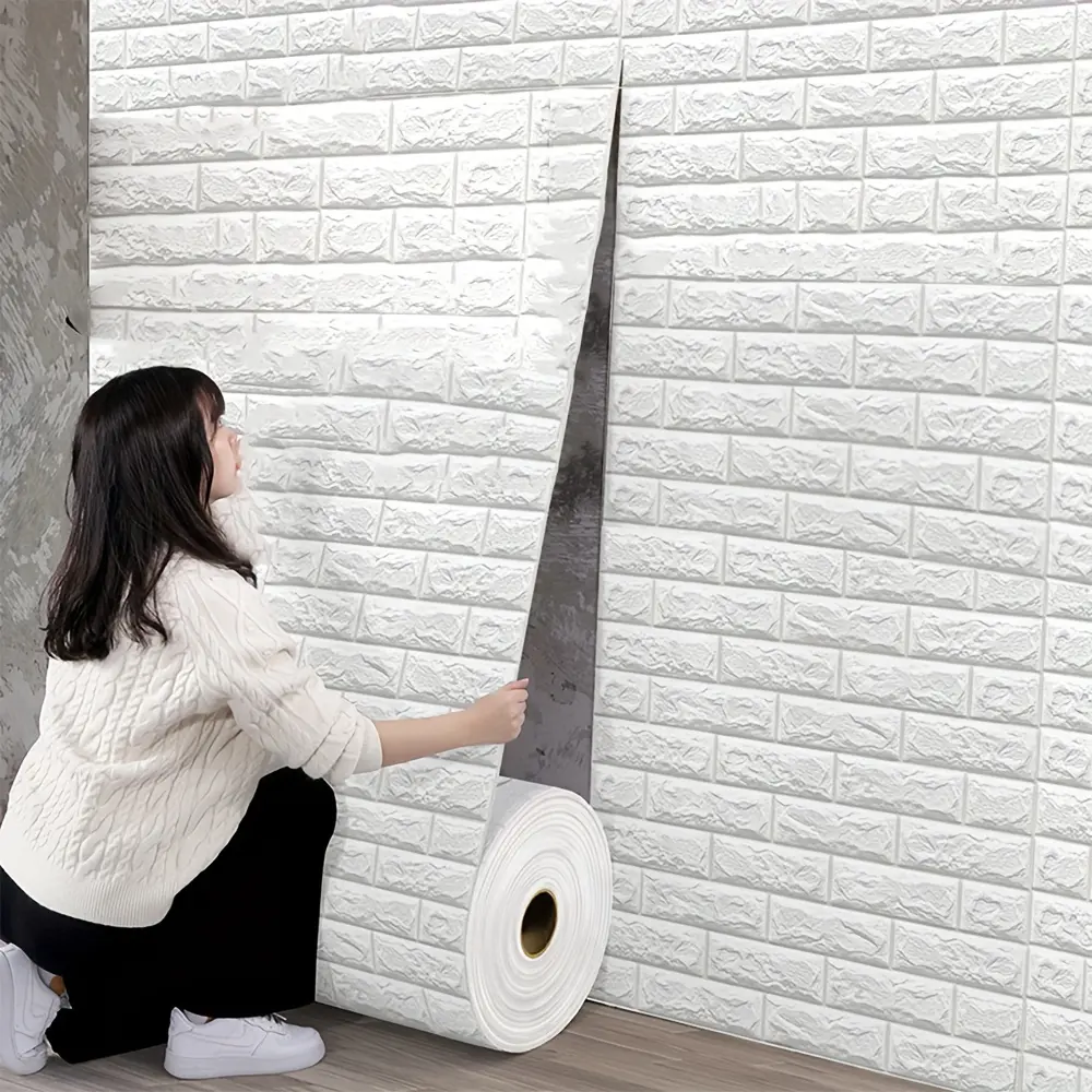 1pc PS Foam 3D Brick Wallpaper Sticker - 19.7" x 196.85" Self-Adhesive Waterproof Moisture-Proof Wall Decor for Bedroom Renovation - Irregular Foam Brick Pattern, Hanging Decorative Tiles, Transverse Orientation, Peel and Stick Wallpaper for Bathroom