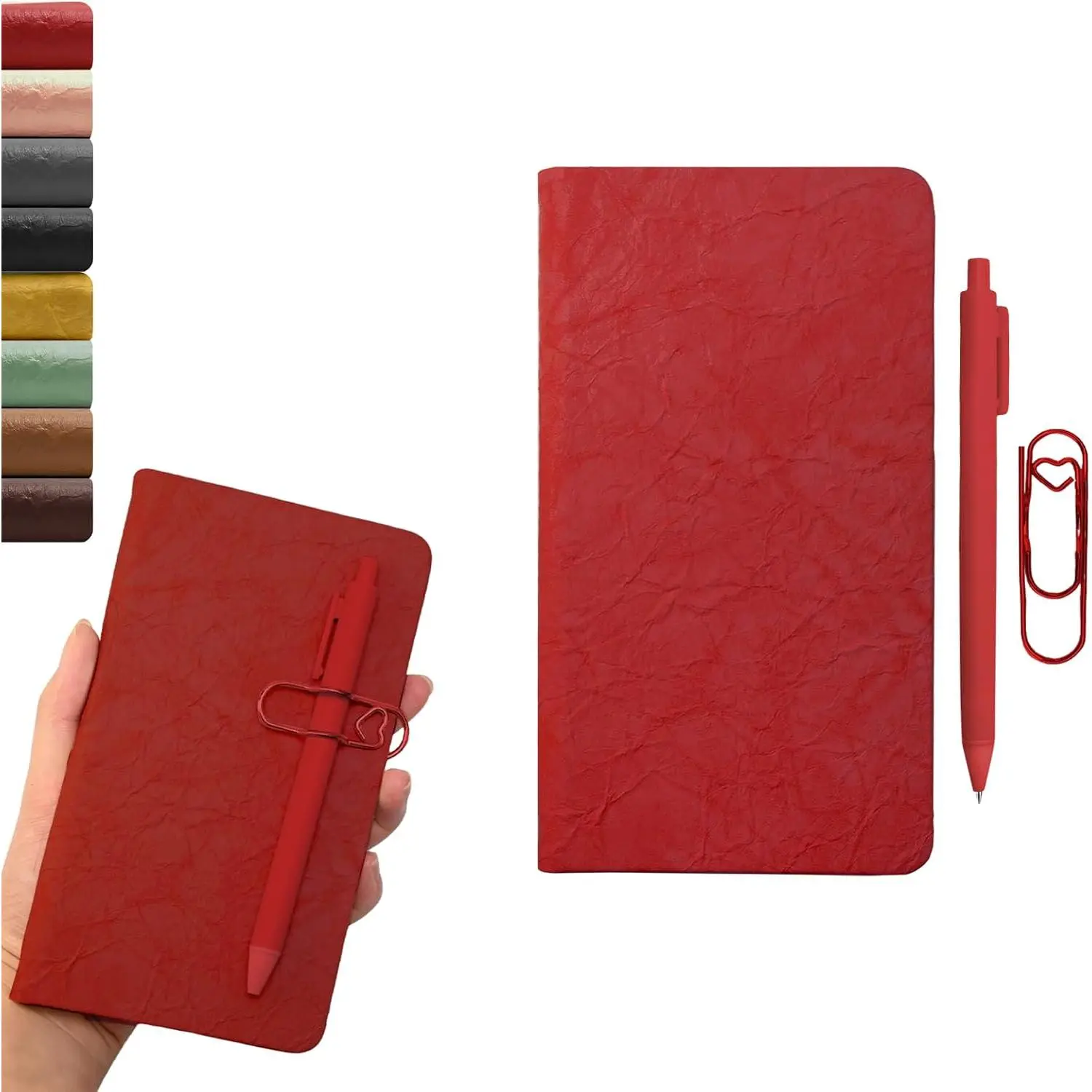 Modern Wrinkle Leather Hardcover Notebook with Pen & Pen Clip, A6 Size (3.9"x7.1") 160 Lined Pages, Office School Supplies for Writing Note Taking (Red), Lined Paper