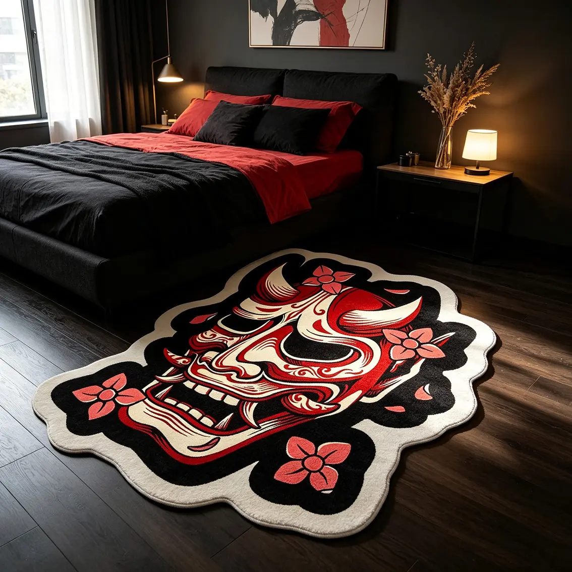 Ukiyo-e Sakura Prajna Mask Art Alien Carpet Soft Skin friendly Plush Material Bedroom Living Room Decoration Floor Mat Dark and Wind Tattoo Small Atmosphere Soft Decoration Home Decor Rug