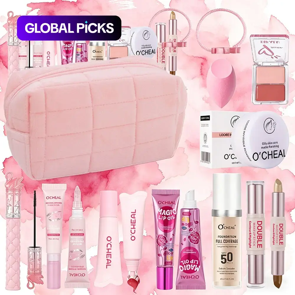 11-Piece Pink Makeup Gift Set with Cosmetic Bag | Foundation Mascara Brow Gel Setting Powder Lip Gloss Color-Changing Lip Oil Temperature-Shifting Blush Dual-Ended Contour Stick Beauty Blender Pink Hair Tie | Complete Holiday Beauty Kit for Her