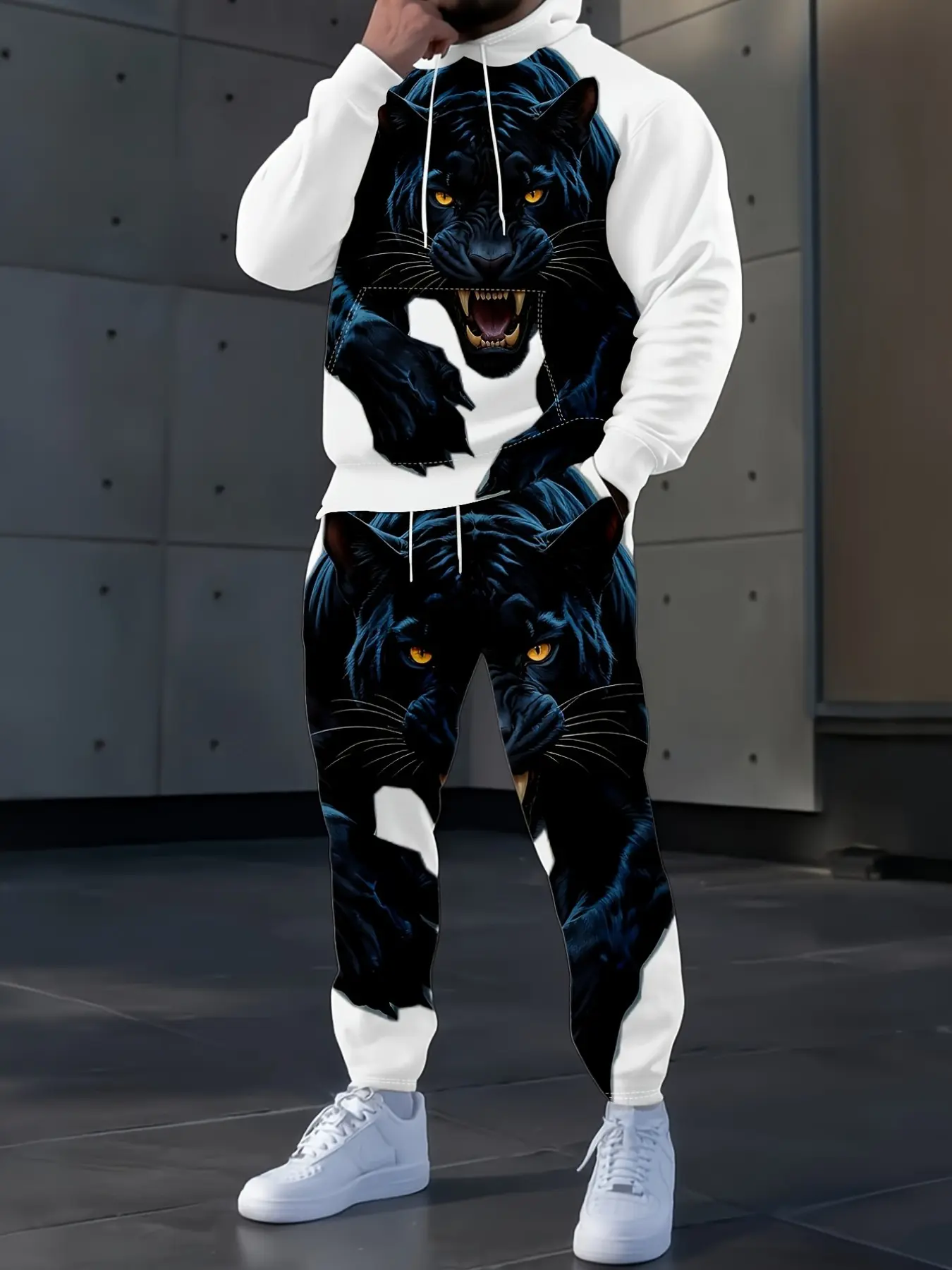 Men's Black Panther Print Hoodie Tracksuit 2 Piece Outfit, Wild Animal Graphic Hooded Sweatshirt & Jogger Pants Set, Streetwear Casual Matching Suit