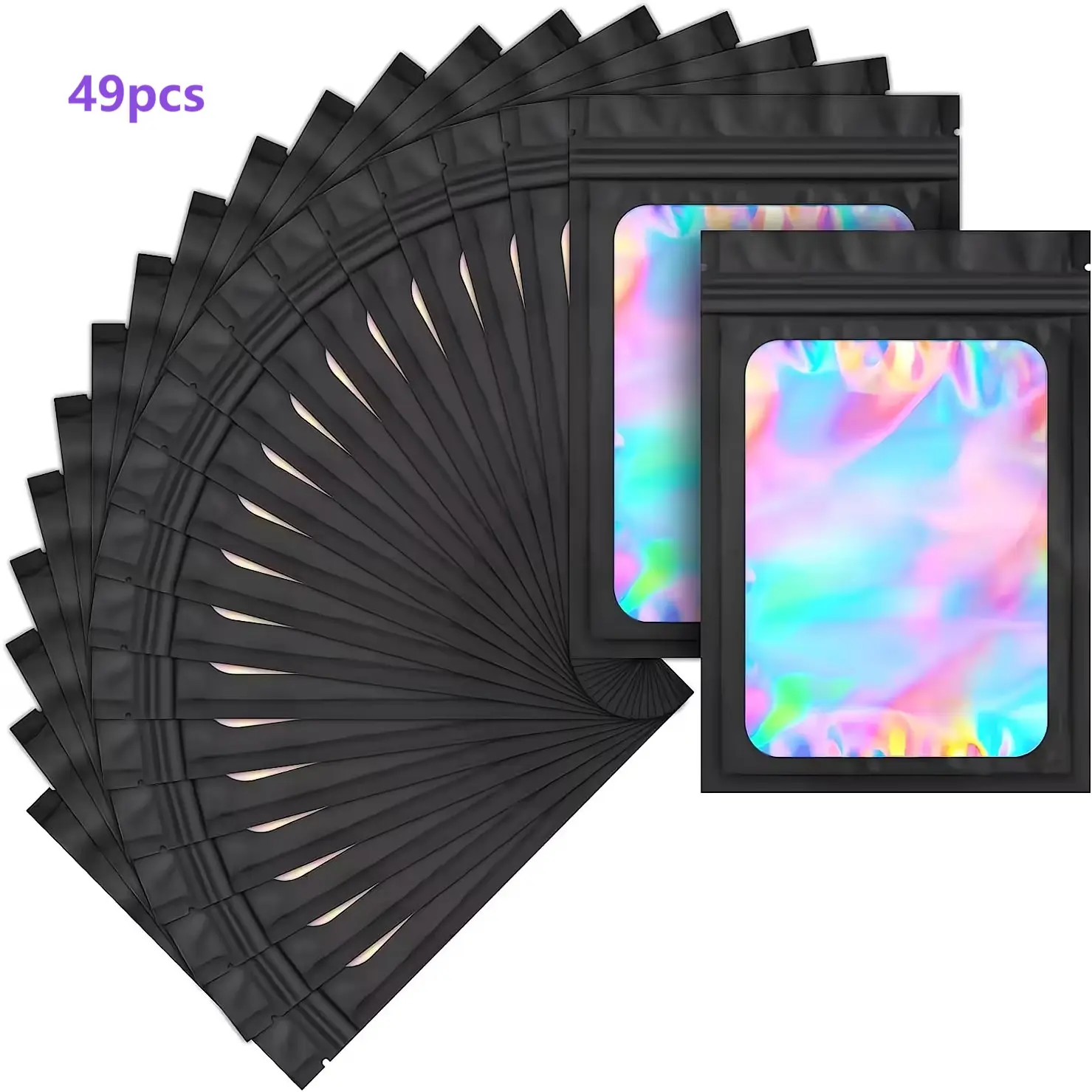 Compact 4×6-inch size for easy portability, this value pack comes with 49 upgraded thickened black holographic window mylar zip lock bags. Made of premium polyester aluminum foil, they deliver powerful odor-locking. Resealable Zipper Bags