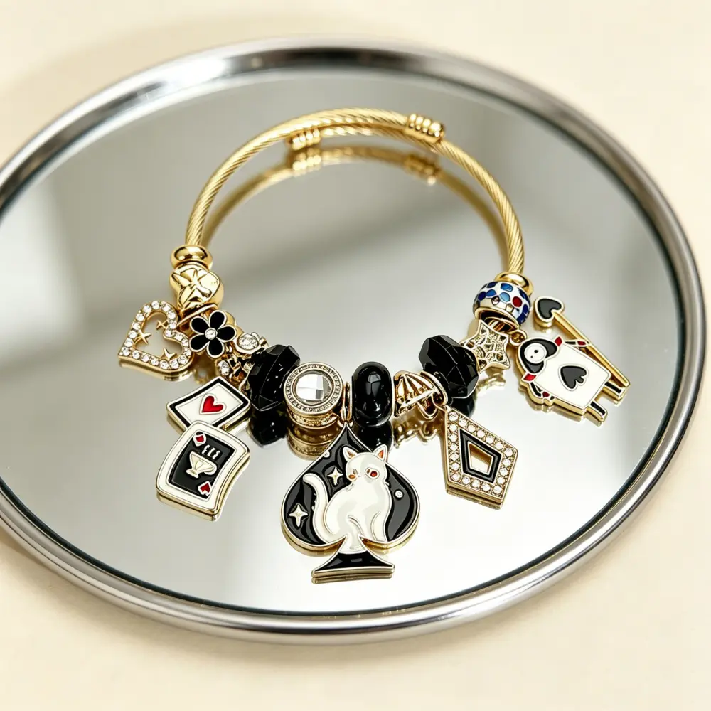 Cat Charm Bracelet for Women, Gold-Tone Adjustable Bracelet with White Cat, Playing Card, Heart & Black Bead Charms, Cute Aesthetic Jewelry for Teen Girls, Parties, Everyday Wear and Gifts