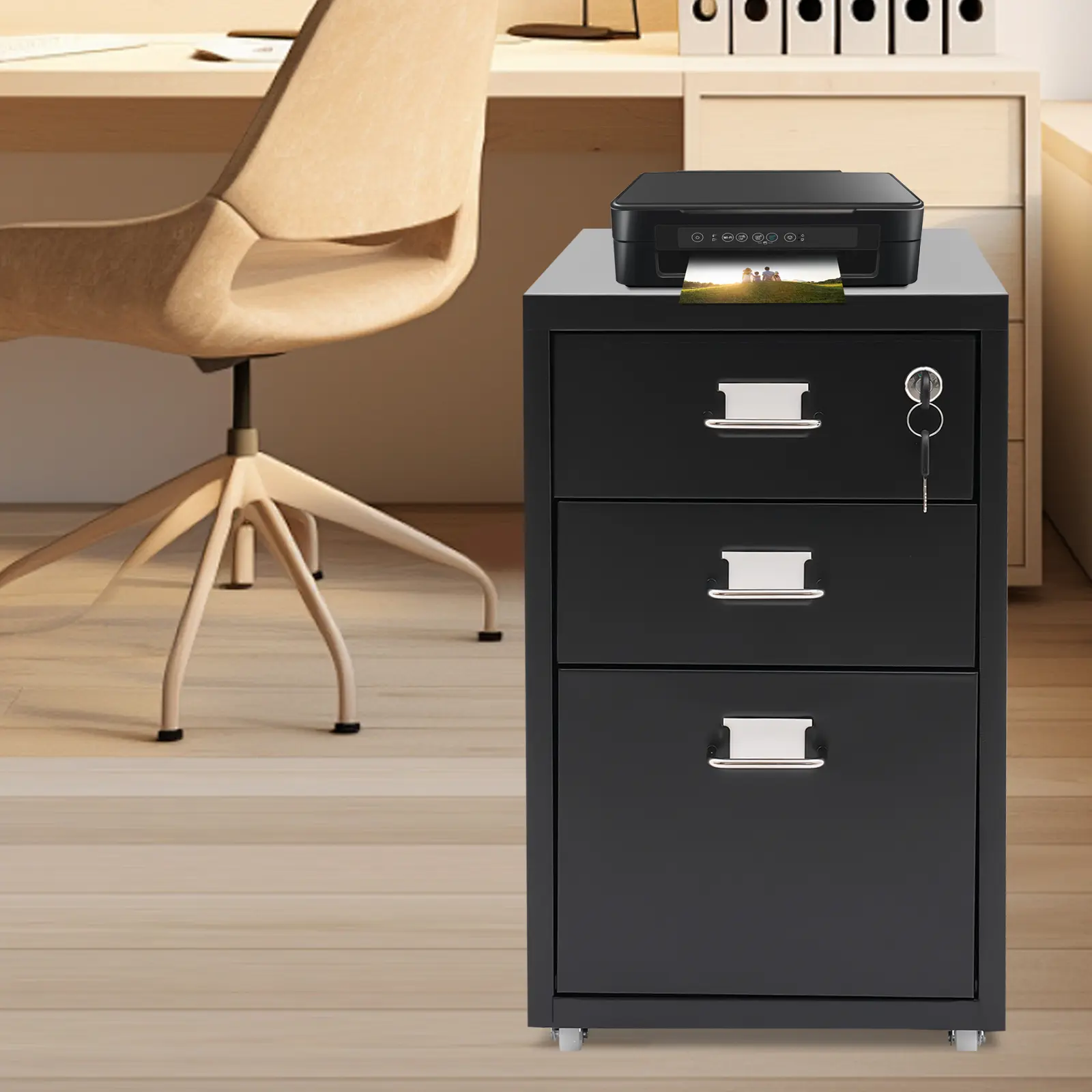 3 Drawer Black File Cabinet with Lock and Wheels for Office Study Dresser Storage Use