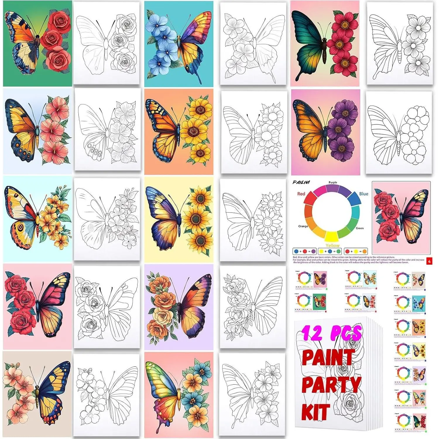 12Pcs 8x10 Pre Drawn Canvas for Painting for Adults Sip and Paint kit with Design Paint Party Favors Painting Supplies for Beginner Butterfly in Spring Valentine Day Romance Canvases Art Board Set