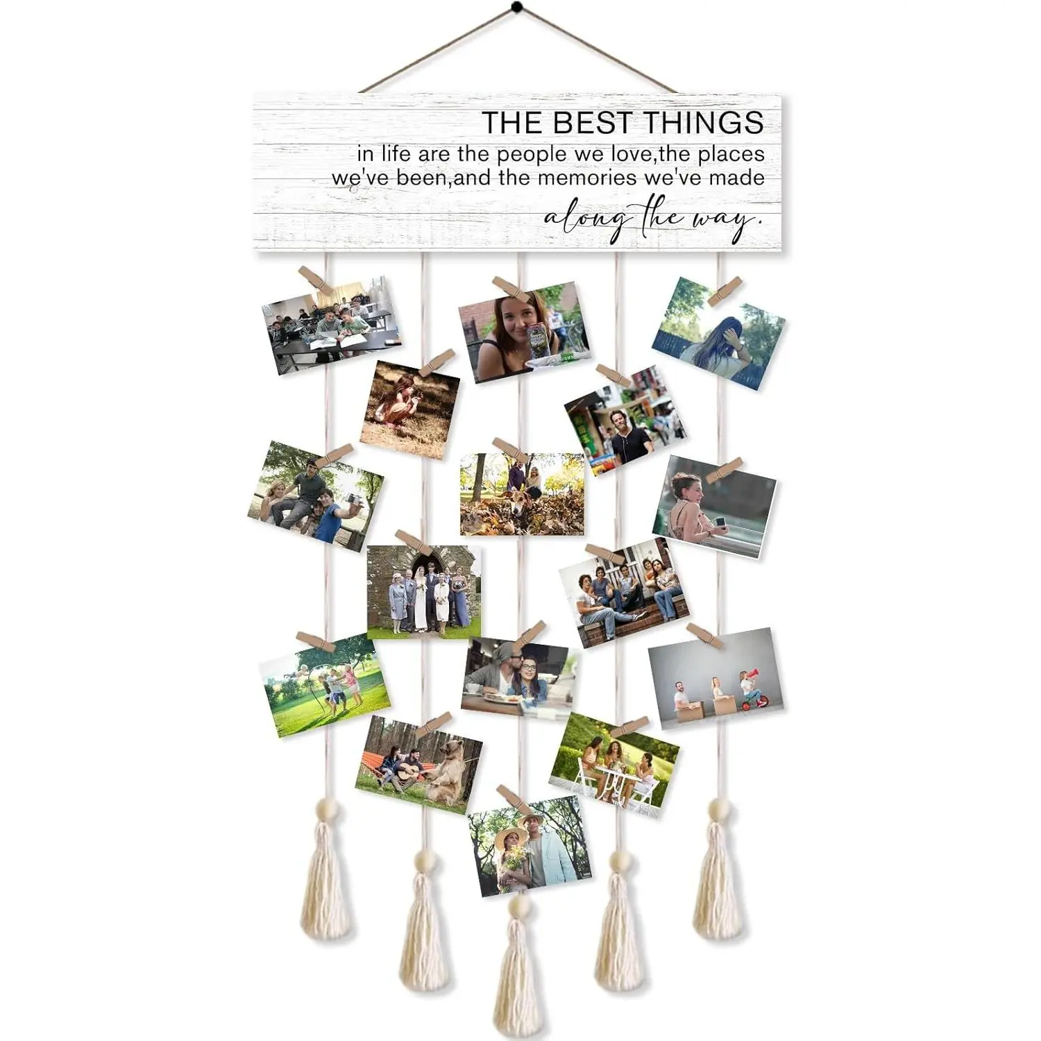 Rustic Wood Frame Hanging Photo Display Board - 16 Clips, 5 Strings, Photo Collage Wall Decor for Home Living Room, Housewarming Gifts, Hanging Board