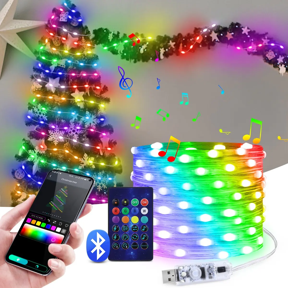 Christmas Tree Decoration Lights Rgbic Fairy Lights, 5m/10m/20m LED Garland, USB Powered, Waterproof, Indoor Outdoor Party Decor