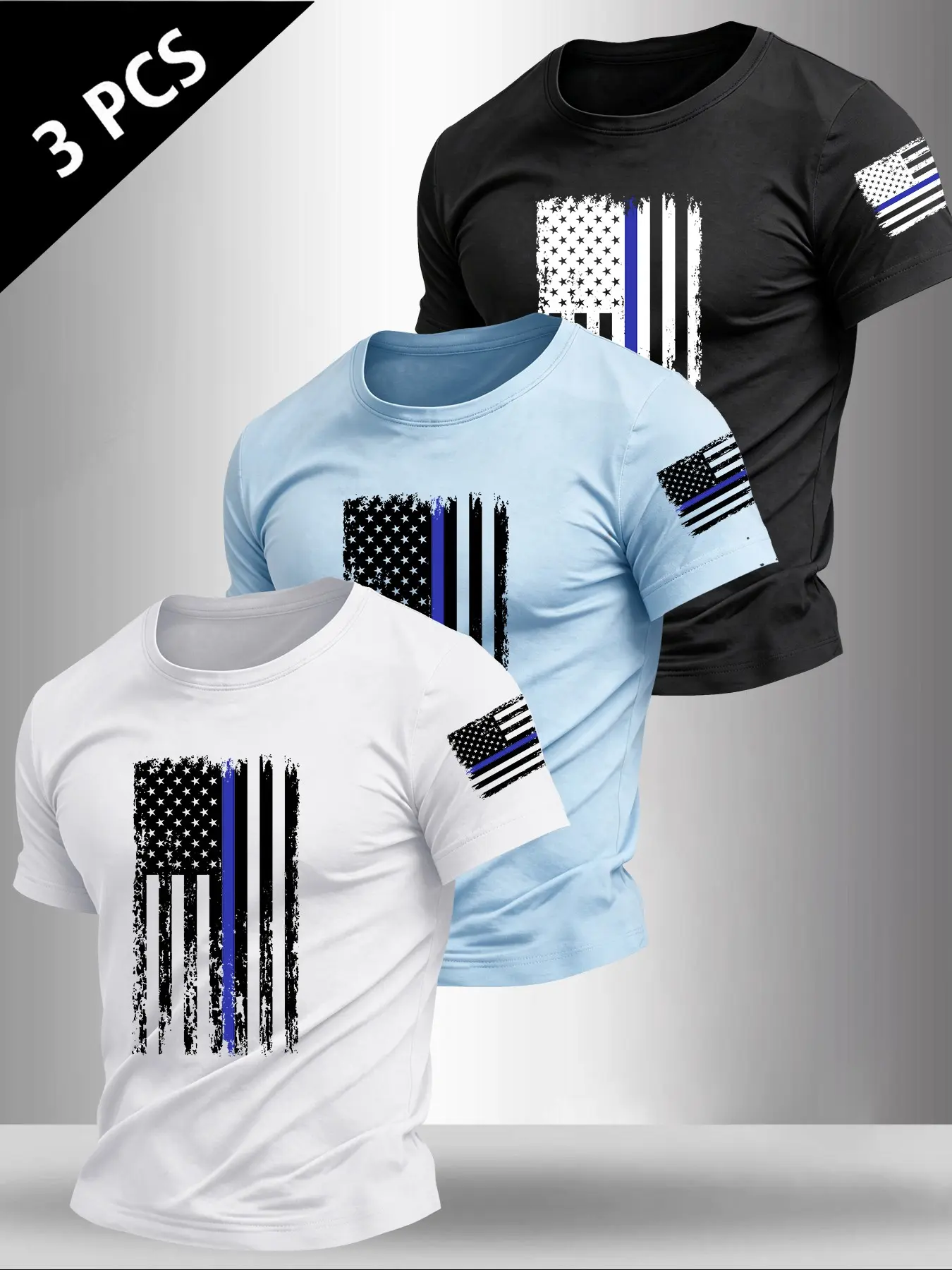 3 Pack Mens Crew Neck Short Sleeve Tees, Apparel T Shirt, Distressed Thin Blue Line USA Flag Chest Sleeve Print Retro Patriotic Loose Casual Streetwear Tops For Daily Holiday Outdoor Outfit