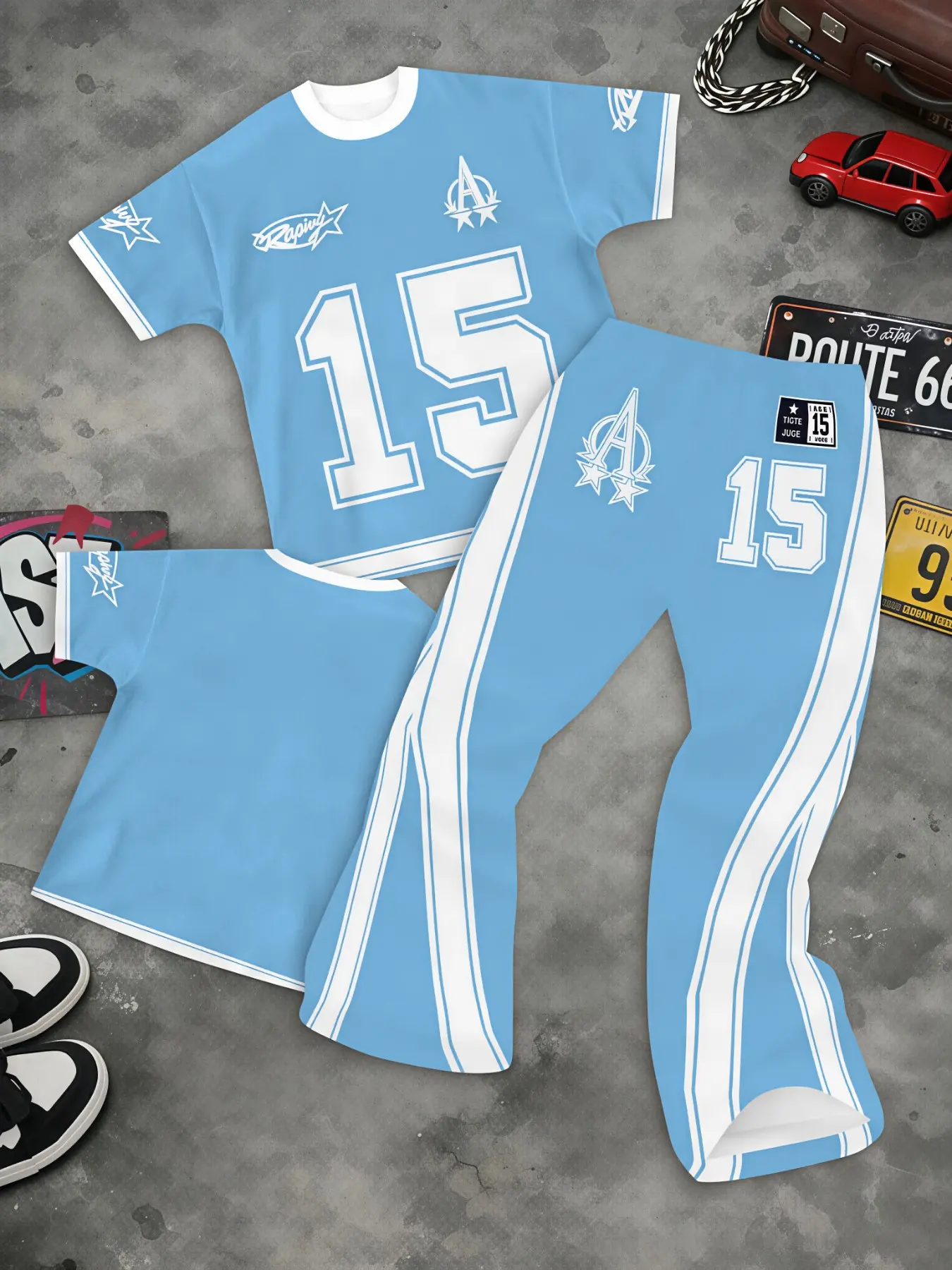 Large Retro Jersey Number Full Graphic Wide Flare Pant Matching Outfit, Elastic Smooth Wearable Urban Street Set, Perfect For City Walk Skate Park Summer Holiday Outfit