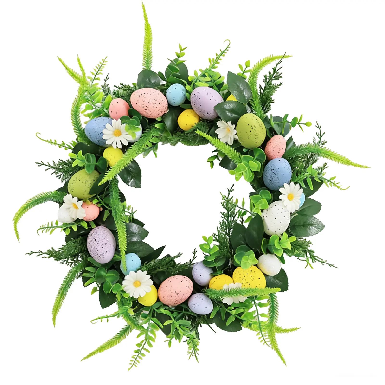 20 Inch Easter Eggs Wreath with Flowers and Green Leaves, Spring Glitter Egg Door Wreath for Front Door, Artificial Floral Wreath for Indoor Outdoor Home Decor, 50cm