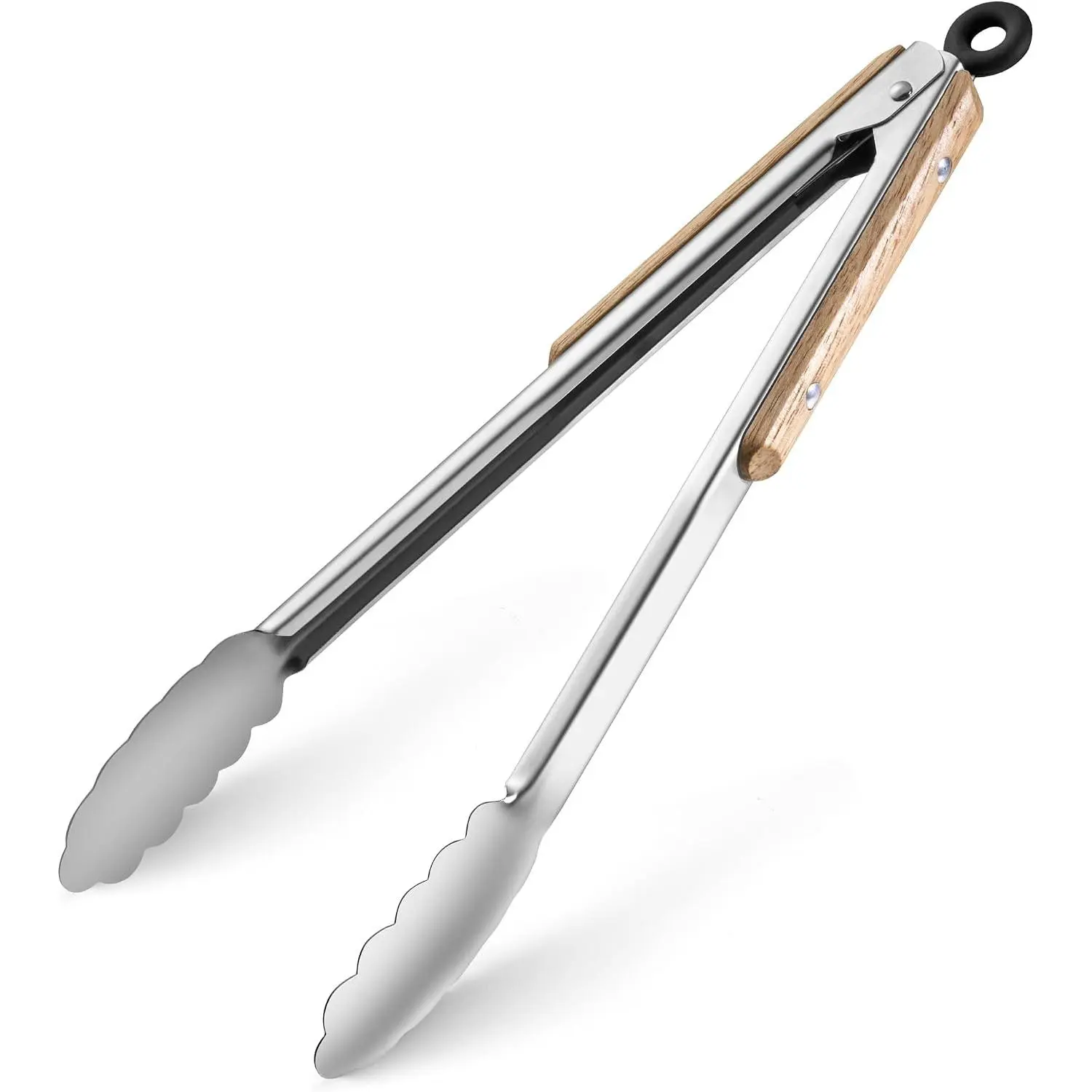 12-Inch Stainless Steel Kitchen Tongs with Oak  Handle,Heavy Duty | Locking Metal Tongs for Cooking,Grilling,BBQ,Serving ,Outdoor Barbecue | Heat-Resistant,Durable,Dishwasher Safe