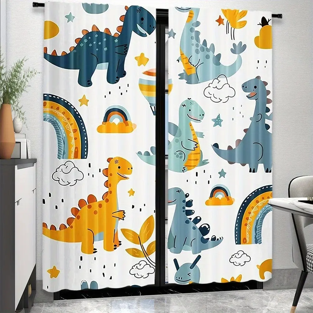 2-Pack Cute Rainbow Dinosaur Cartoon Curtains, Rod Pocket Installation, Digital Print, Polyester, Home Decorative Curtain, Home Decoration Curtain, Home Decor for Living Room, Kitchen, Bedroom, Office, Dining Room