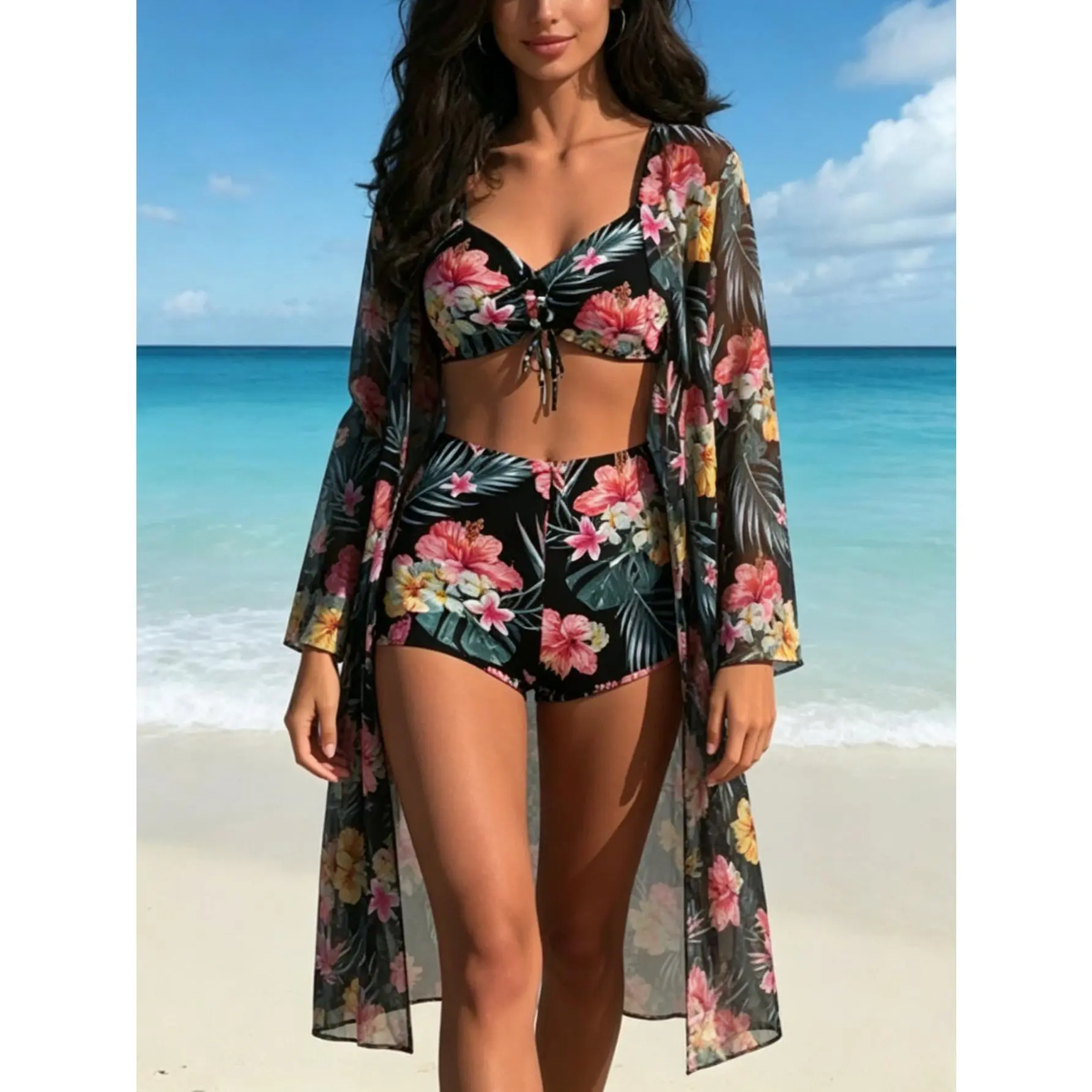 Women's 3 Piece Tropical Floral Bikini Set with Long Sleeve Sheer Cover Up, High Waist Bottoms Drawstring Front Bathing Suit for Beach Vacation Tropical Holiday