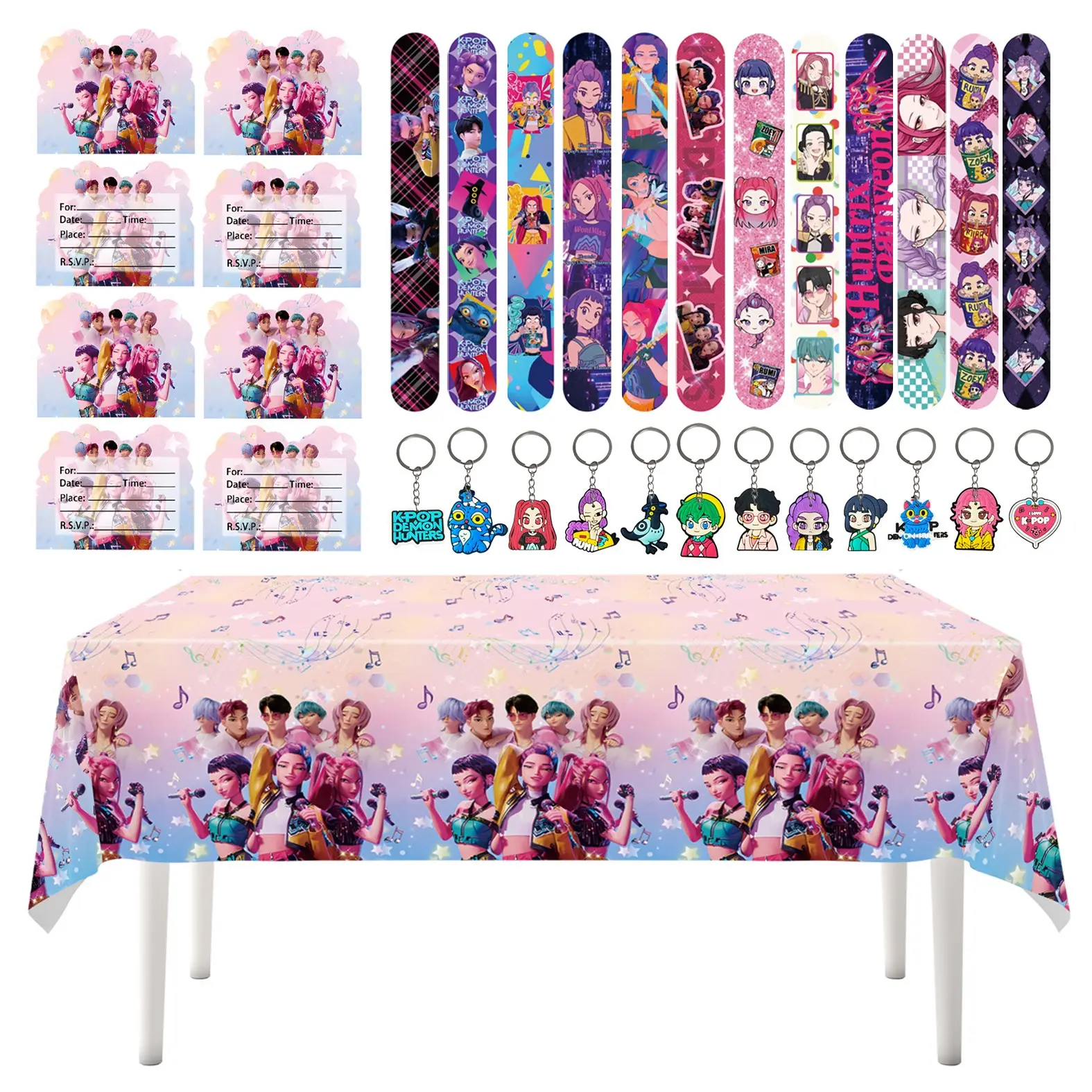 4 Korean cartoon girl group birthday party decoration favors, including 12 bracelets, 12 keychains, 12 invitation cards, 1 exquisite party tablecloth. An invitation to start the banquet, a table setting and decoration, preserving the joy of the birthday