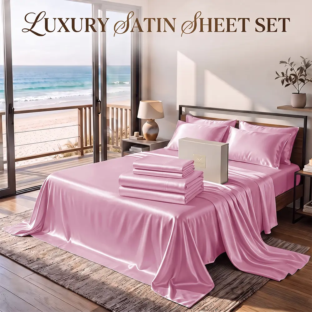 OS OMYSTYLE Deep Pocket Queen Satin Sheet Set, Luxury 3/4PCS Cooling & Breathable Satin Bedding, Skin-Friendly & Moisture-Wicking, 1 Flat Sheet, 1 Fitted Sheet, 1/2 Pillowcases, Twin/Full/Queen/King, Kids, Machine Washable, Perfect For Household & Holiday