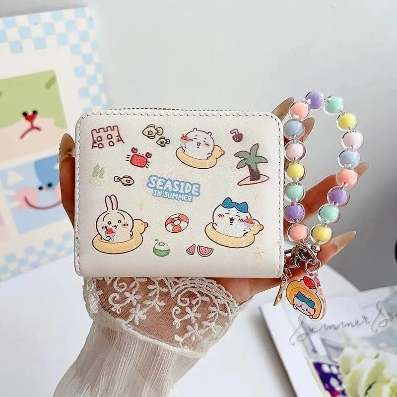 Chiikawa PU Wallet Card Holder Cartoon Design Cute Women Girls Money Purse With Beaded Chain Fashion Accessory Gift