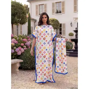 Women's 2-Piece Geometric Printed Polyester Robe Set - Long Dress & Matching Head Scarf, Sun-Resistant Soft Cover-Up for Beach, Resort Wear
