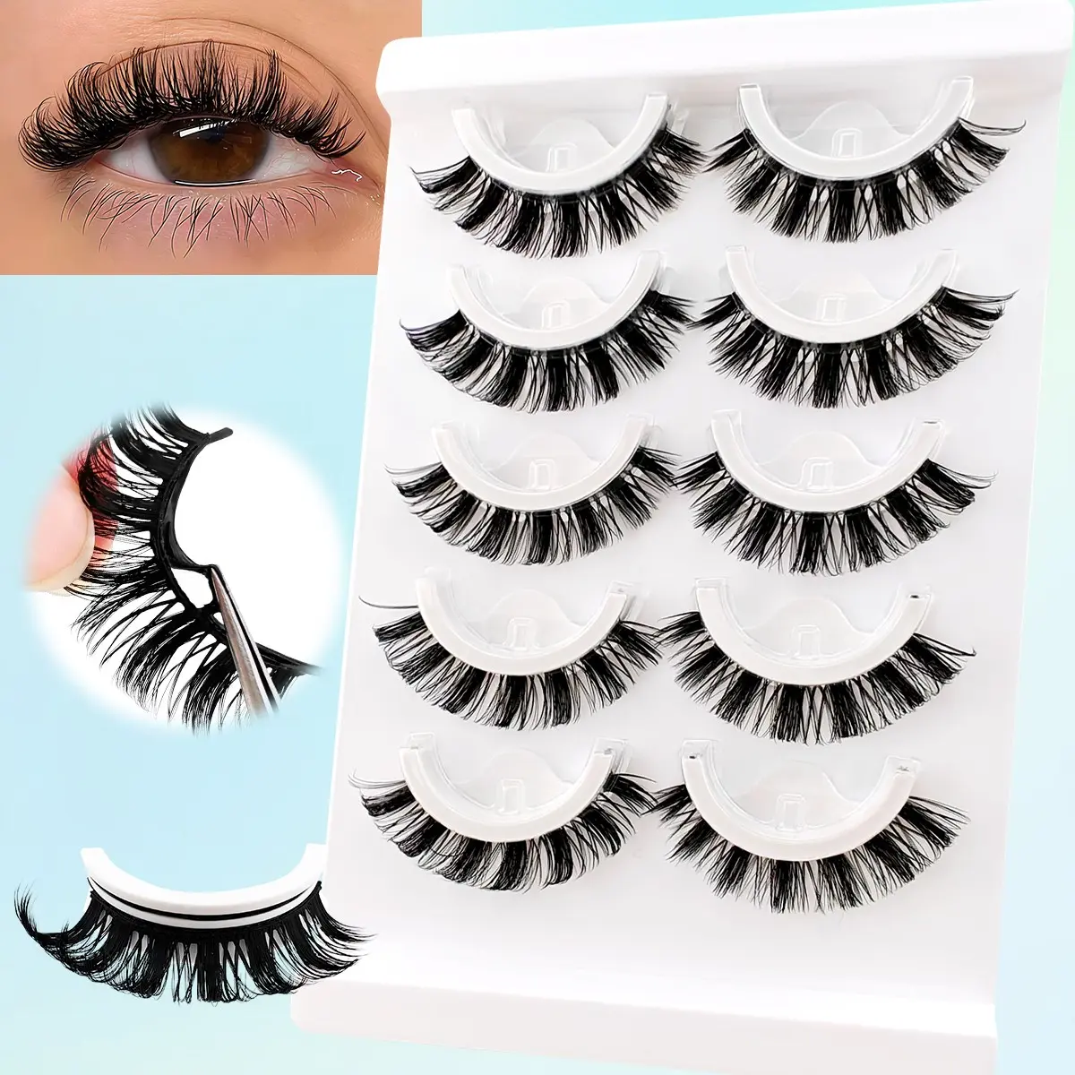 5 Pairs Glue-Free False Eyelashes, Synthetic Lashes, D-Curve Cat Eye Look, Reusable with Replacement Adhesive Strips, Perfect for Beginners