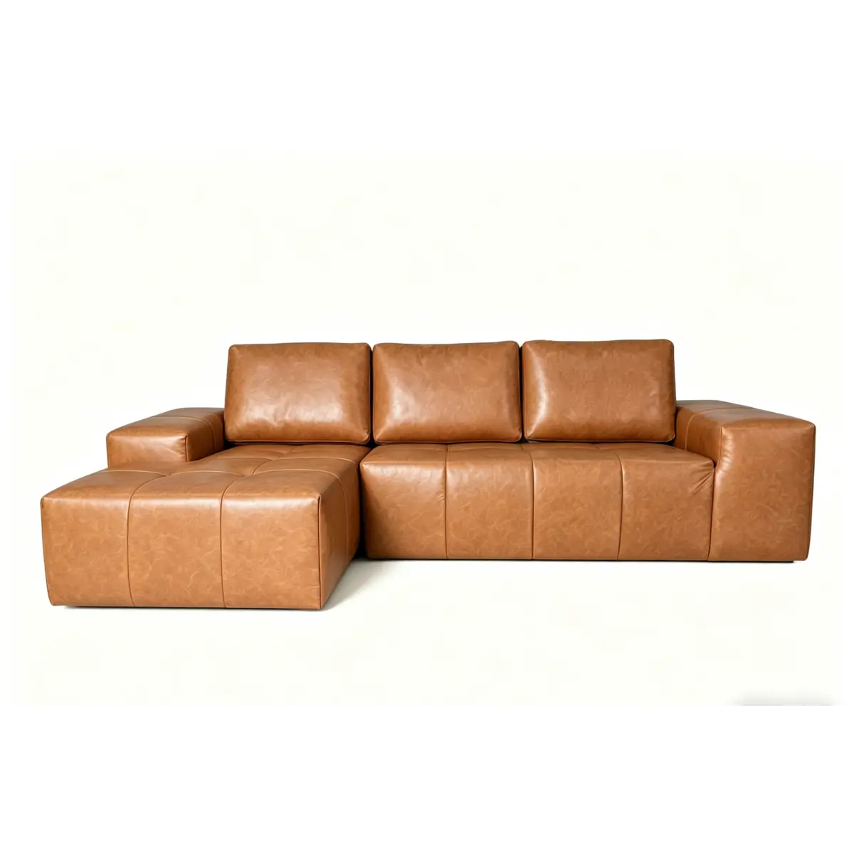 Left L-Shaped Faux Leather Sectional Sofa with Chaise Arms, Cloud Cushions, Brown Boneless Deep Seat, No-Assembly Modern Minimalist Modular Living Room Couch in a Box, Boneless Sectional Couch