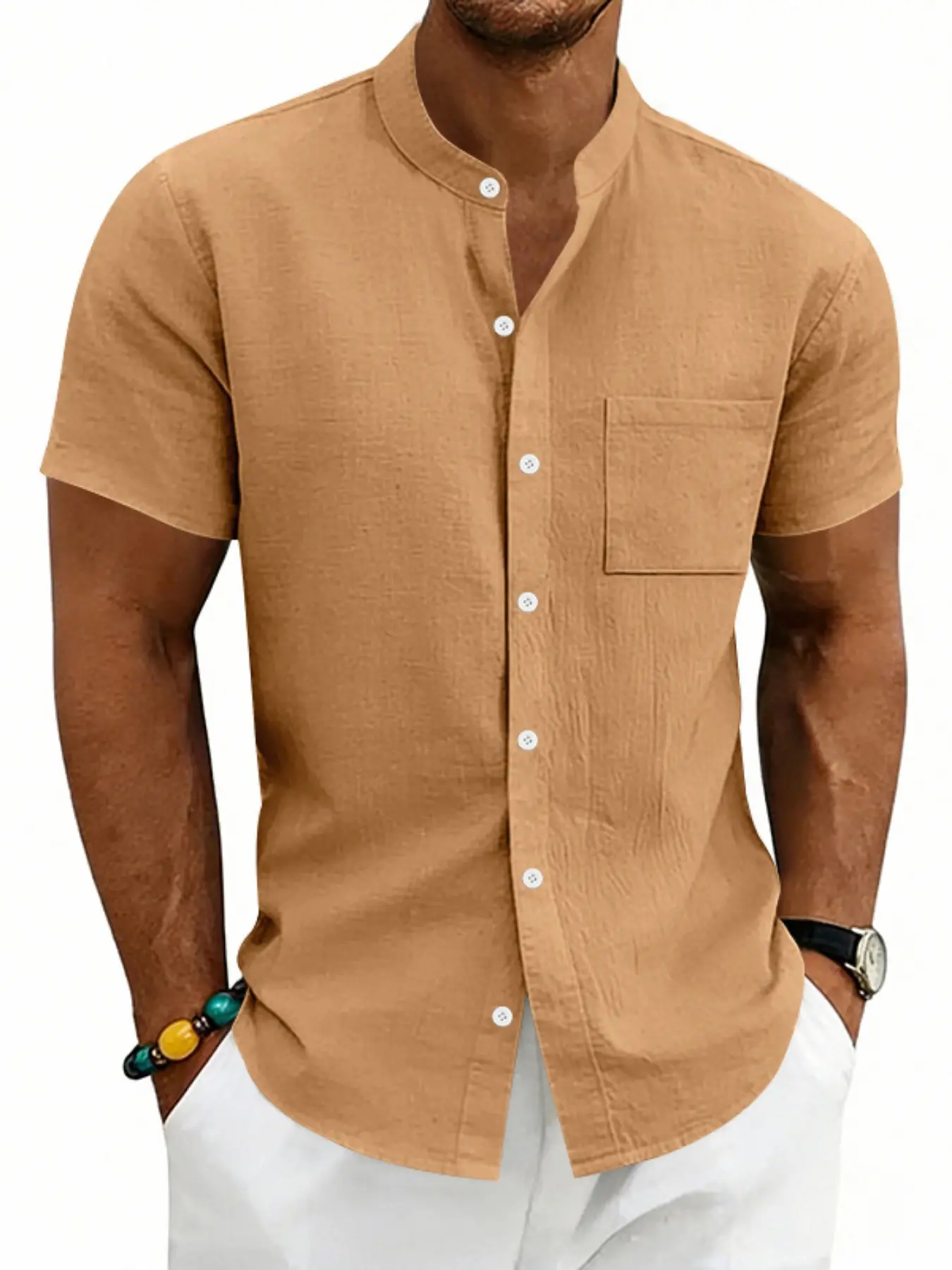 Men's Solid Color Linen Breathable Short Sleeve Shirt, Relaxed Fit Casual Retro Stand Collar Open Front Shirt, Summer Fashion Shirt for Men