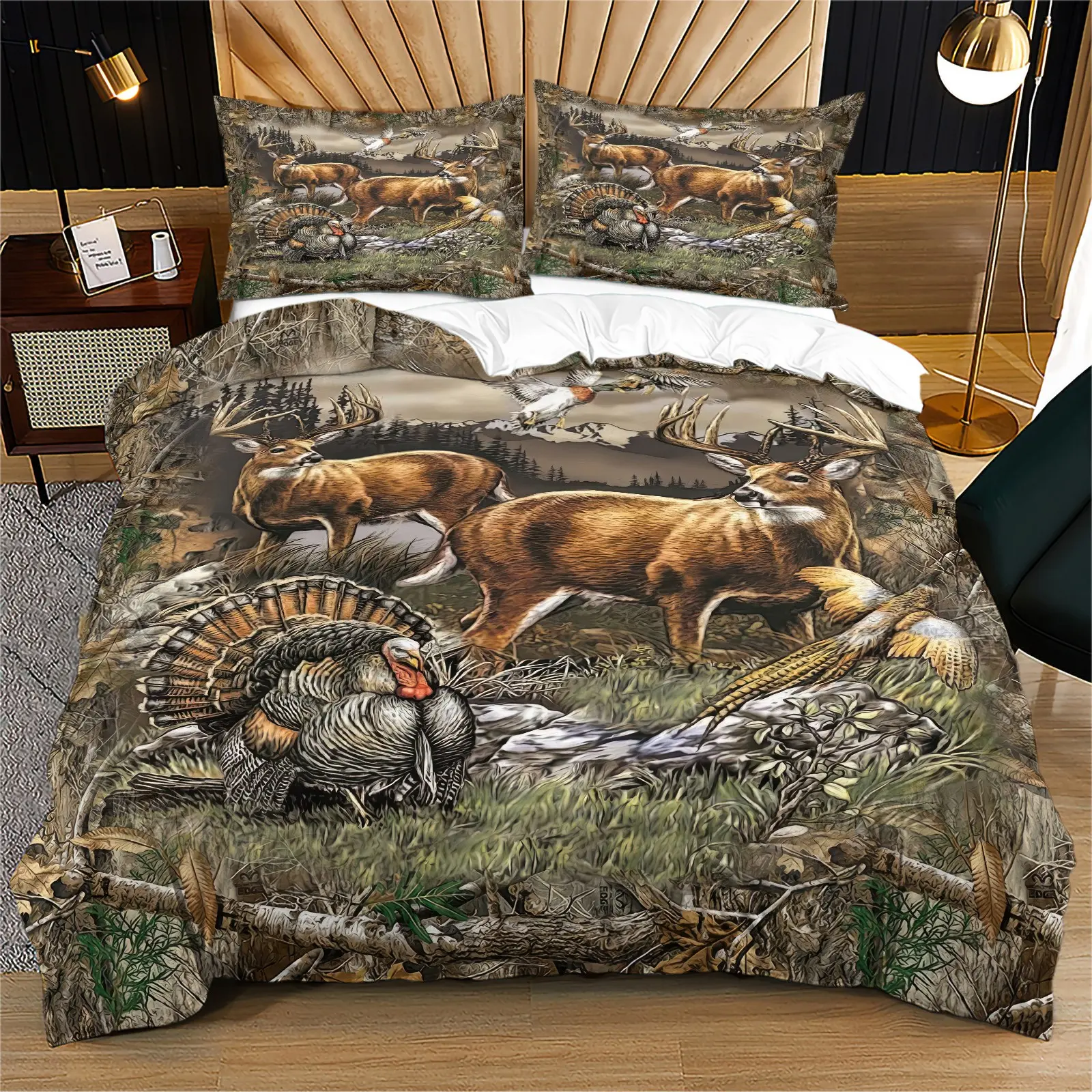 Camo Forest Wildlife Deer Turkey Duvet Cover Set, Hunting Bedding Set, Camouflage Bedding Set, Breathable Duvet Set, Lightweight Duvet Set, HD Digital Print, Zipper & Corner Ties, Machine Washable, Includes 1/2 Pillowcases - without Core