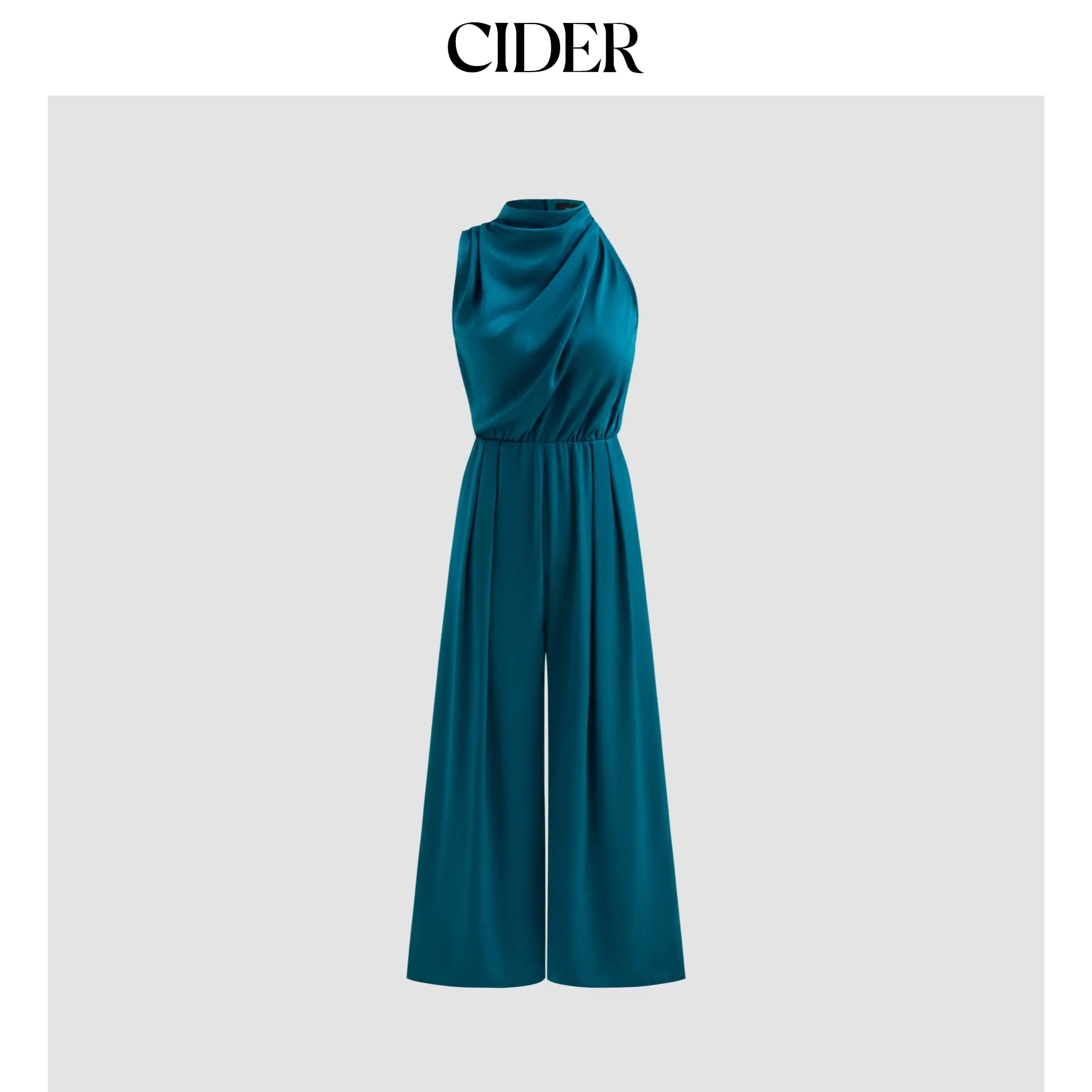 Cider [2 colors, size 2-10] Satin High Neck Solid Zipper Pleated Wide Leg Jumpsuit