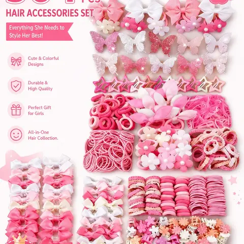 504-Piece Cute and Sweet Pink Hair Accessory Set, Bow Hair Clips & Elastic Hair Ties for Girls, Ideal Gift, Cute Hair Accessories