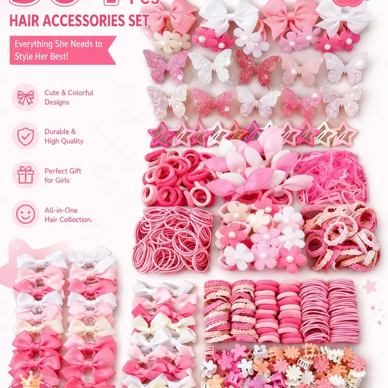 504-Piece Cute and Sweet Pink Hair Accessory Set, Bow Hair Clips & Elastic Hair Ties for Girls, Ideal Gift, Cute Hair Accessories
