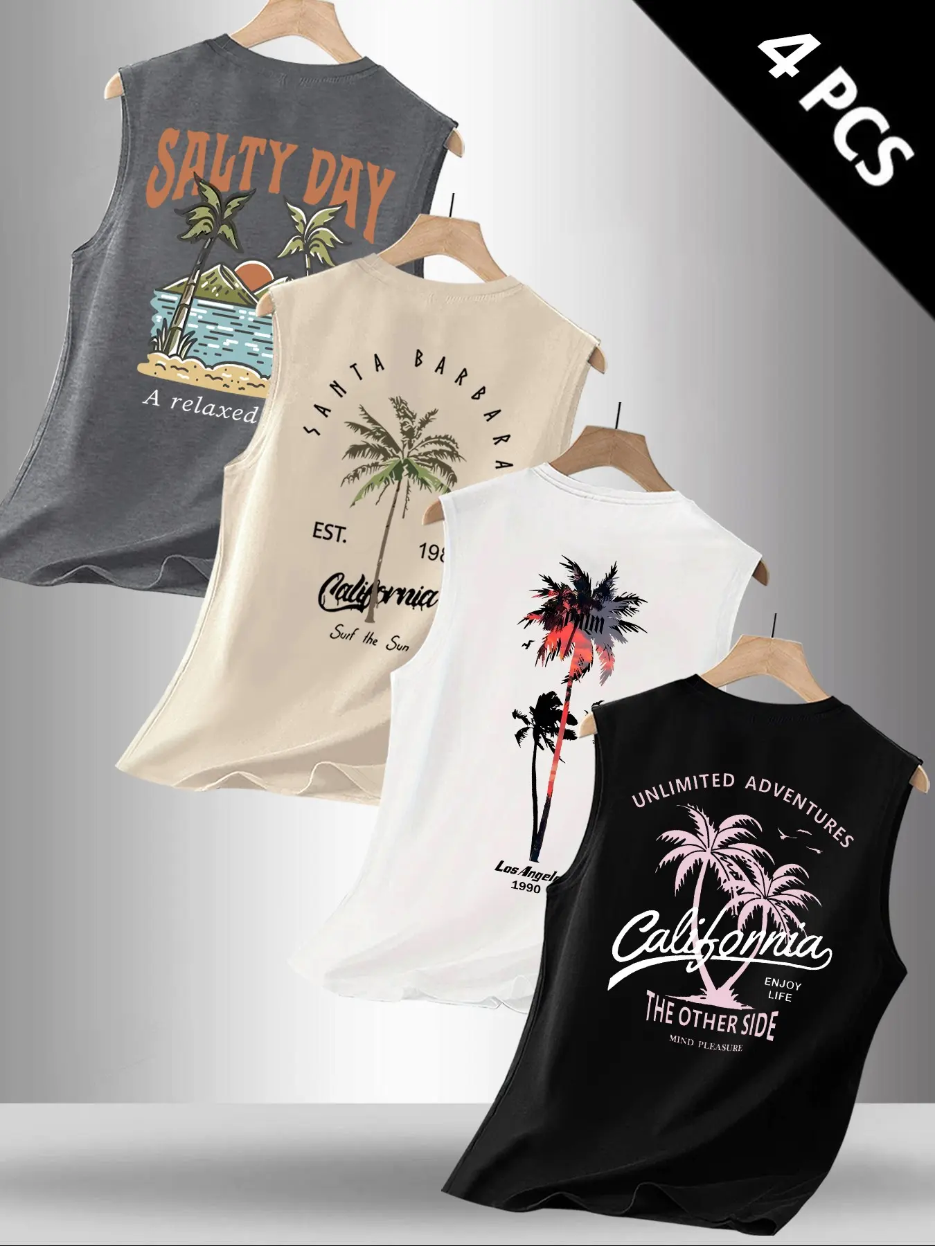 Men's Fitness Tank Top 4-Pack, Soft Round Neck Sleeveless Shirt, Letter Palm Tree Tropical Design, Casual Comfortable Vest for Summer Daily Wear