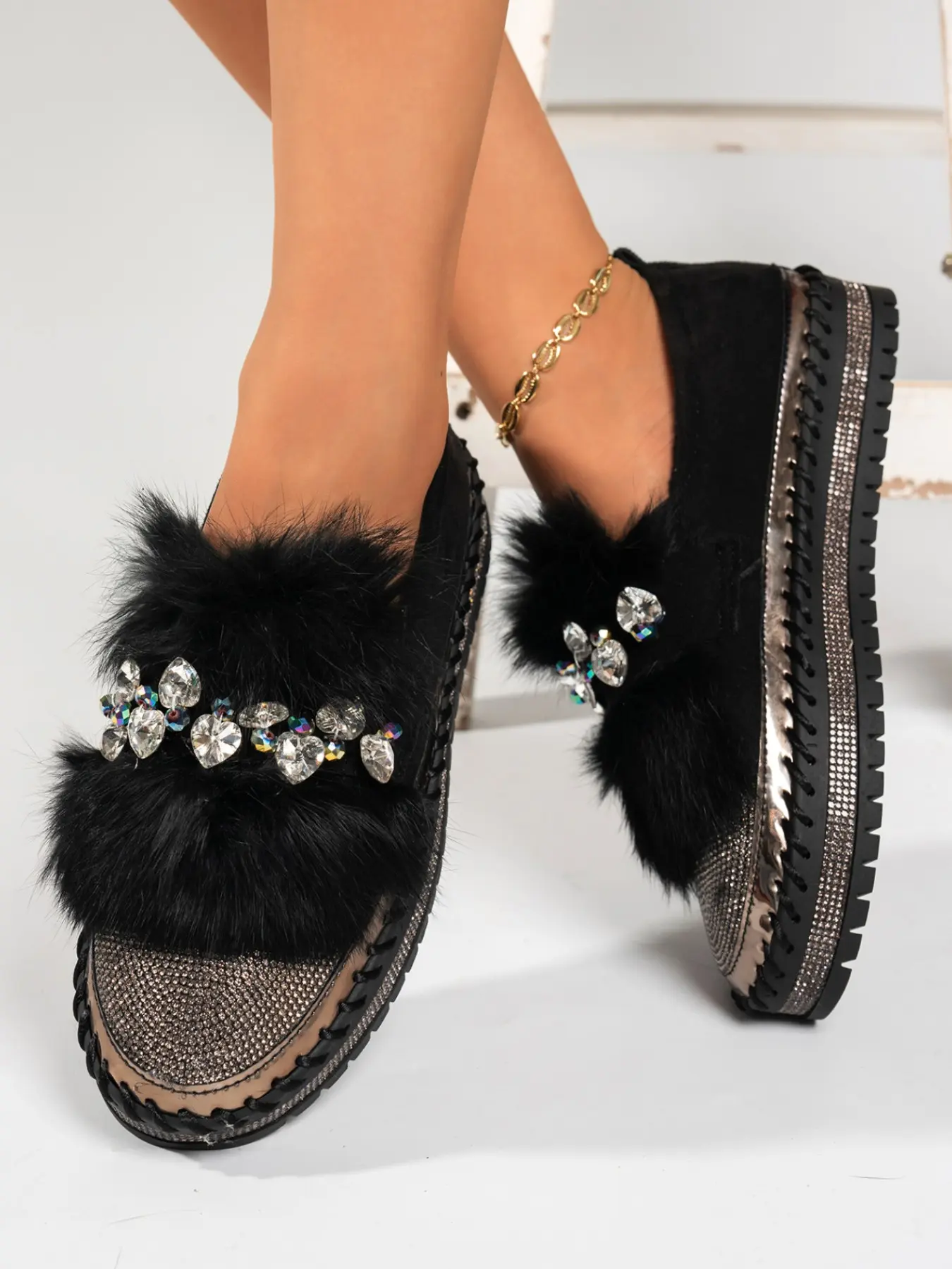 Women's Fall Winter Plush Water Drizzle Thick Sole Shoes, Fluffy Plush Upper with Sparkling Rhinestones, Slip-On Lazy Person Shoes, Warm and Comfortable