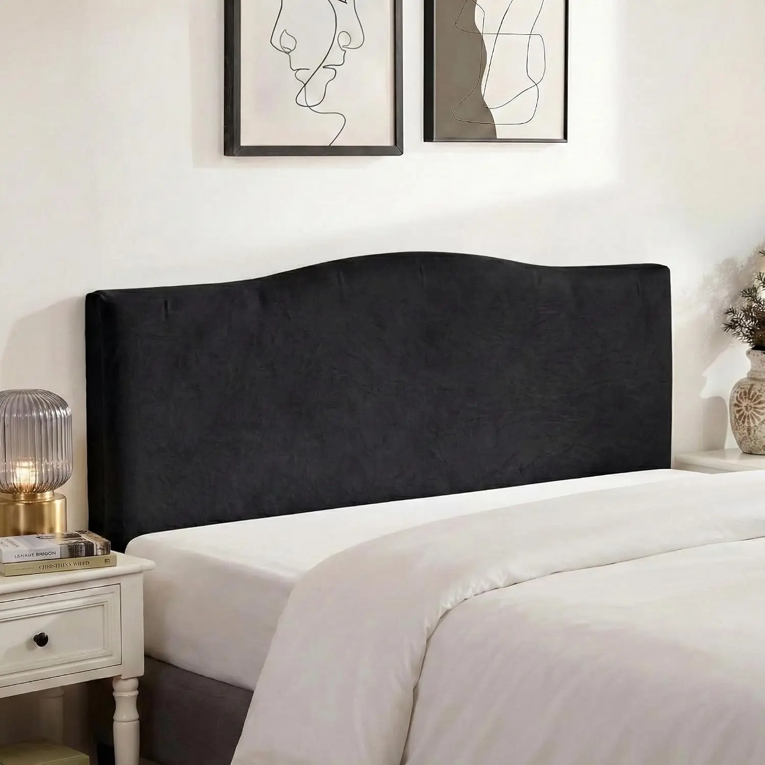 Queen Elastic Stretch Velvet Headboard Slipcover - All-Seasons, Slip-On, Dust-Proof, Full-Length, with Storage Pockets, for 51"-70" Upholstered Headboards (Black)