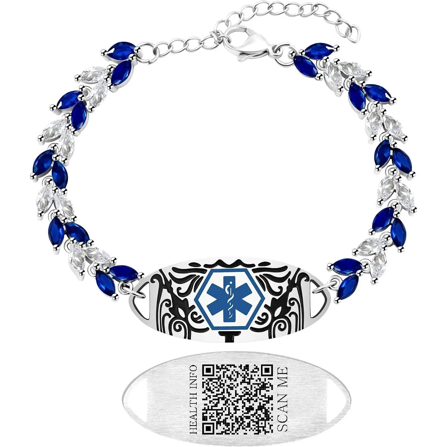 Blue & White Leaf CZ  Alert Bracelet for Women | Dynamic QR Code or Custom Engraved ID  |  Contact Allergy  Info Stainless Steel & Copper Adjustable Wristband