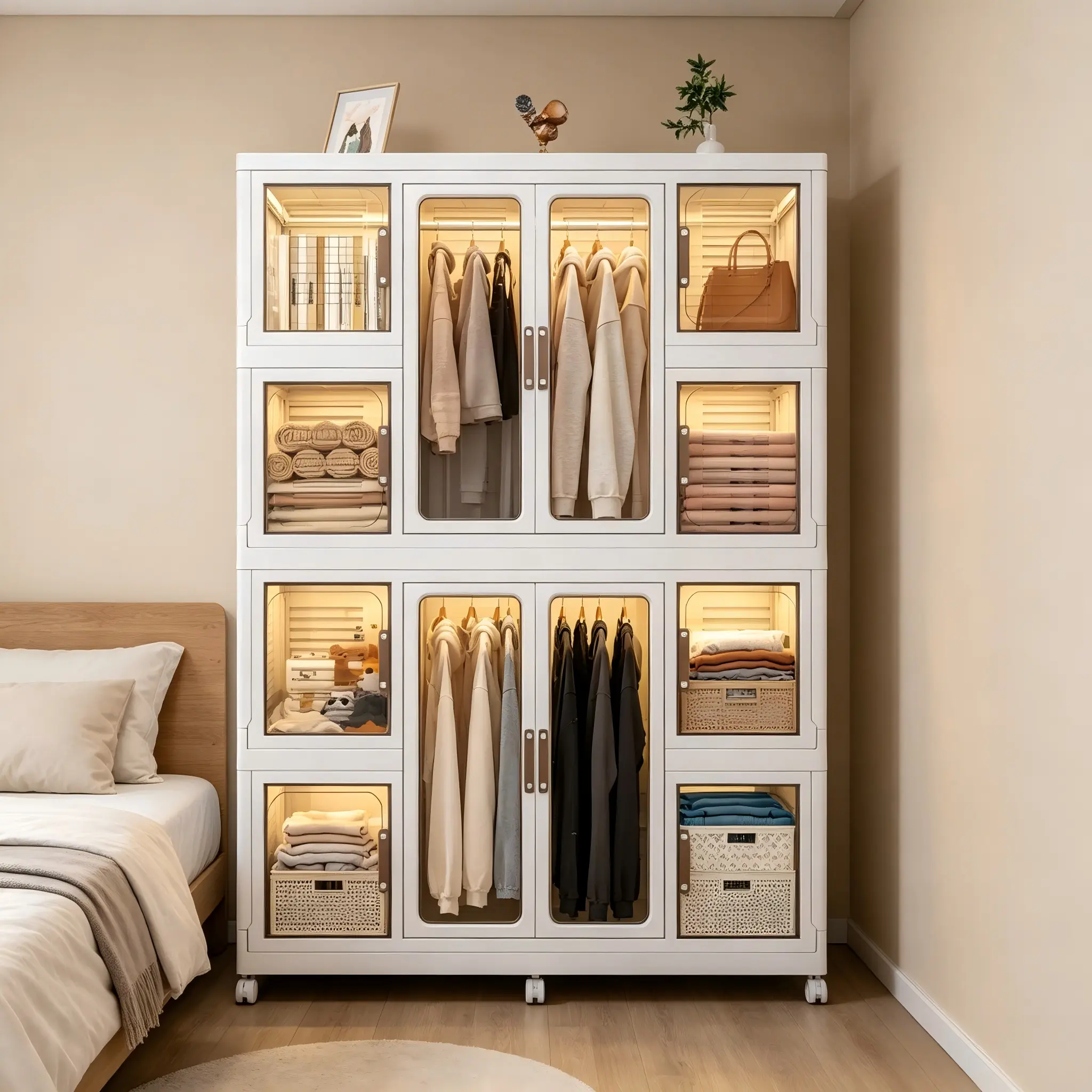 44.09"W*18.11"D*60.24"H Foldable PP Portable Wardrobe Closet Organizer, 12 Magnetic Clear Doors 12 Cube Baby Clothing Storage Cabinet with 2 Hanging Rods & 16 Clothes Hangers, Freestanding Kids Dresser Armoire for Bedroom Nursery, White