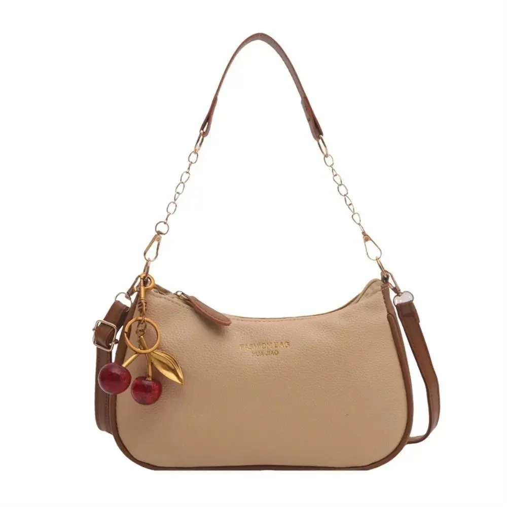 Pebbled Faux Leather Shoulder Bag for Women, Mini Baguette Crossbody Handbag with Chain Strap & Cherry Charm