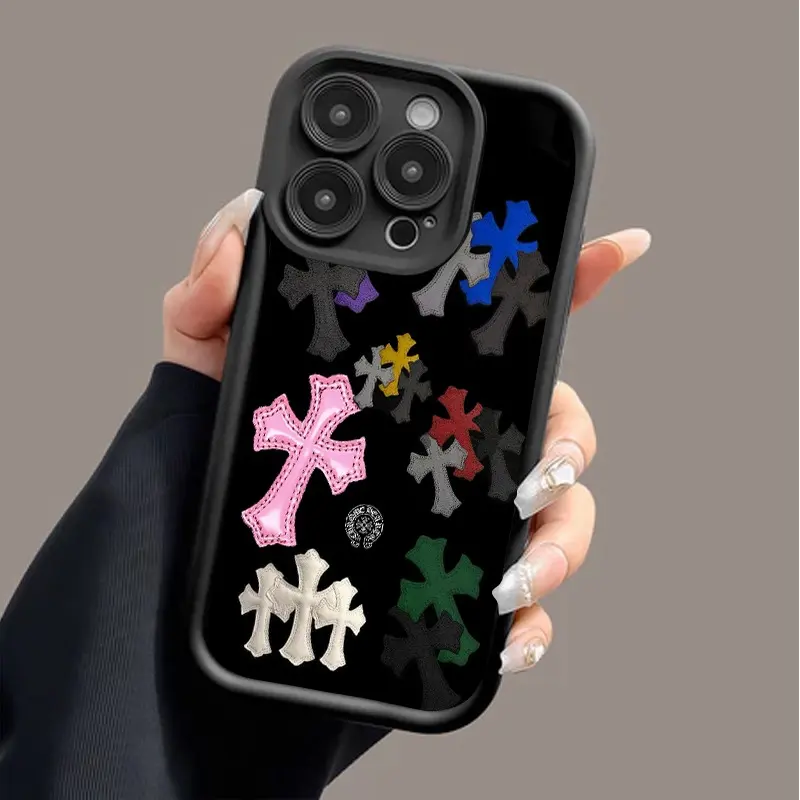 Vintage Colorful Cross Print Smartphone Casing, Retro Gothic 444 Pattern Shockproof Anti-Slip Protective Cover for iPhone X/XS/11/12/13/14/15/16/17 All Models - Handheld Devices Accessories Protection Wireless Black