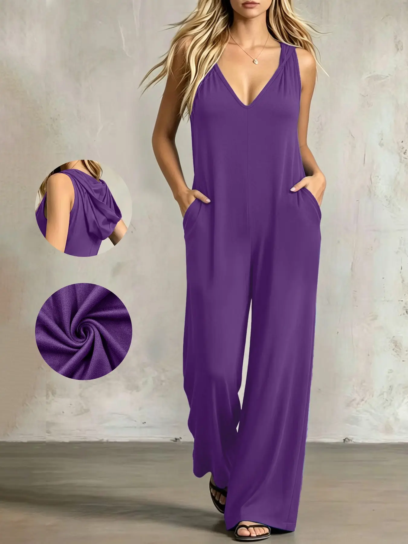 Women Sleeveless Deep V Neck Jumpsuit, Wide Leg Draped Back Pocket, Loose Oversized Casual Lounge Romper, Comfortable and Stylish, Knitted Cami Jumpsuit