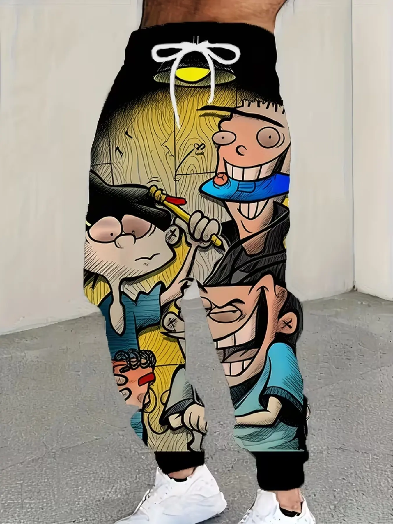 3D Cut-Out Men's Clothing, Fun Cartoon Style! Cartoon Print Drawstring Sweatpants, Super Cool Streetwear Design