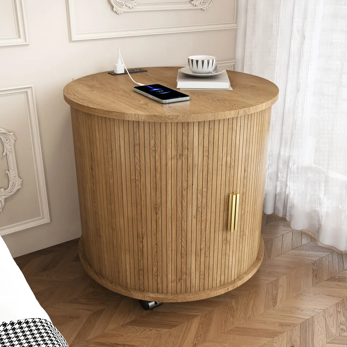 End Table Bedside Table Nightstand Mid Century Modern Cylinder Table with Built-in Charging Station & Sliding Door, 2-Tier Storage Round Nightstand with USB Ports, Osk Bedside Table for Living Room, Bedroom, Entryway